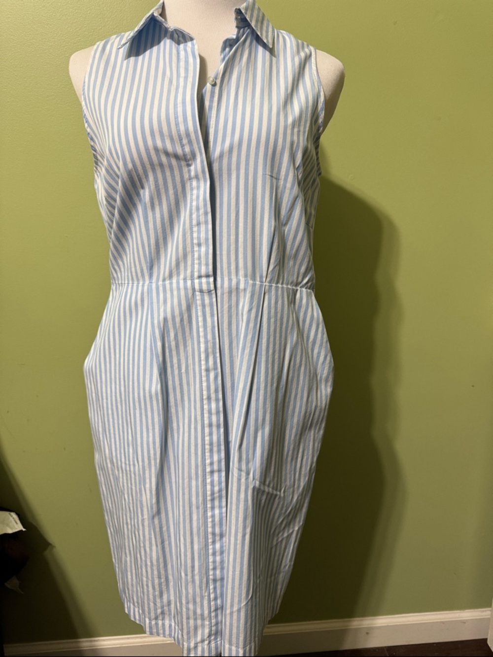 H&M Light Blue and White Striped Sleeveless Midi Dress